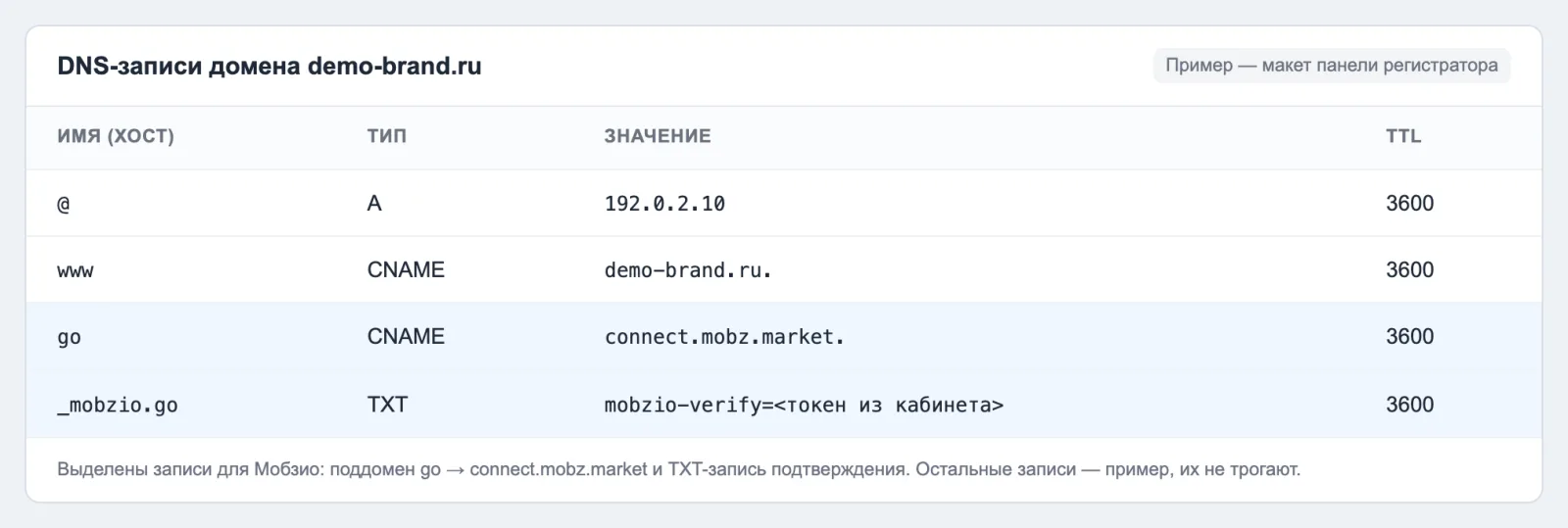 Пример DNS-записей у регистратора: CNAME go на connect.mobz.market и TXT _mobzio.go